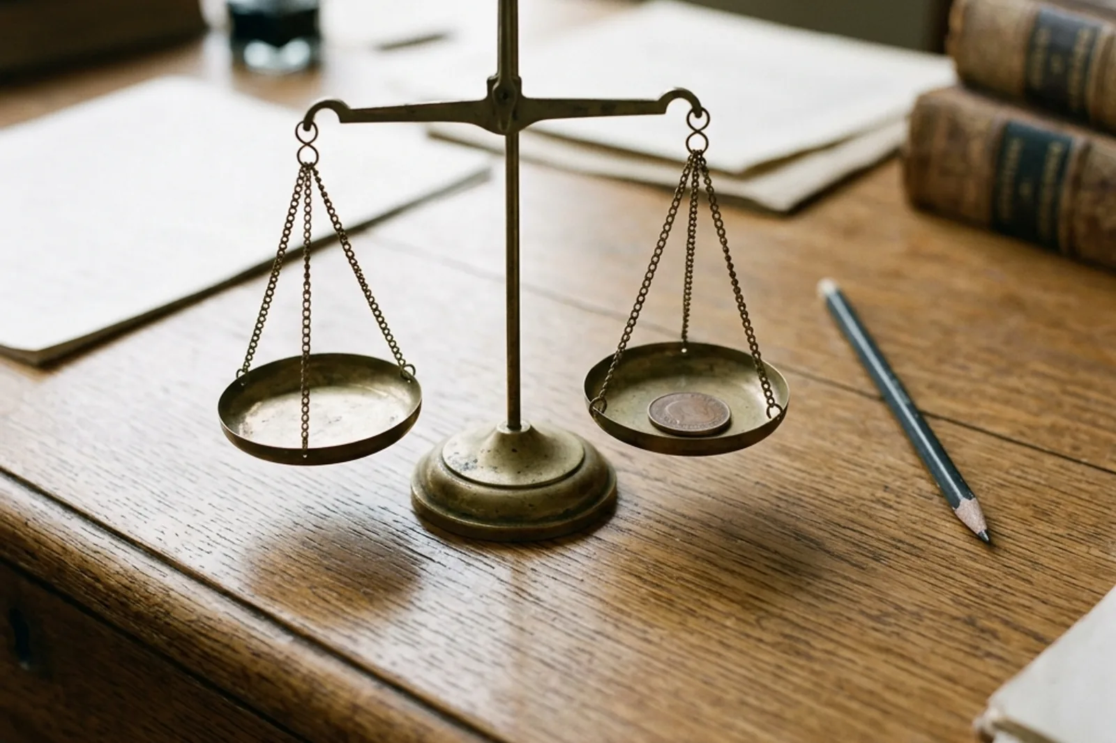 A tarnished brass balance scale resting on a wooden desk with a coin.